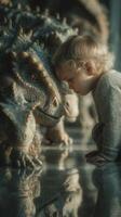 Child interacts with dinosaur models in a calm indoor setting, showcasing curiosity and imagination during playtime photo