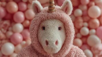 Cute unicorn plush toy dressed in pink hoodie against a colorful backdrop of pastel balls photo