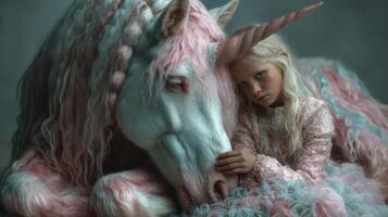 Young girl embraces a magical unicorn in a whimsical setting with pastel tones during a serene moment photo