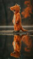 Cute child in orange dinosaur costume playing by the water during autumn in a serene park setting photo