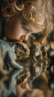 Child examines dinosaur figures on a reflective surface during a playful indoor session at home photo