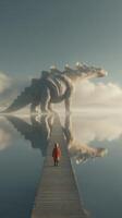 Large dragon sculpture towers over a reflective lake as a child approaches on a wooden pathway in a serene landscape photo