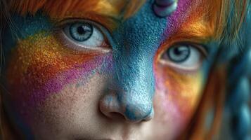 Child with colorful face paint showcasing artistic expression during a festival celebration in a vibrant outdoor setting photo
