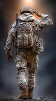 Soldier saluting during a military ceremony in a foggy outdoor setting at dawn photo