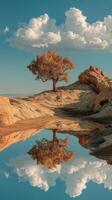 Beautiful solitary tree reflecting in water surrounded by rocky terrain under a clear blue sky photo