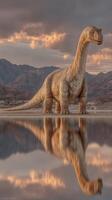 Massive dinosaur stands beside tranquil water reflecting majestic mountains at sunset photo