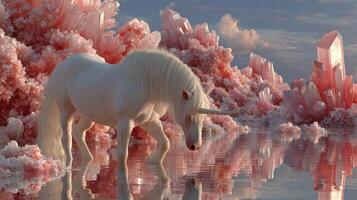 Majestic unicorn exploring a serene crystal lake under a colorful sky at sunset photo