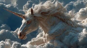 Majestic unicorn rises above soft clouds in a dreamlike sky at golden hour photo