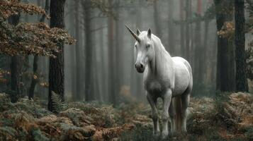 Majestic unicorn standing gracefully in a misty forest surrounded by tall trees and autumn foliage photo