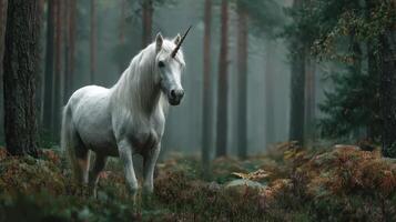 Unicorn stands majestically in misty forest surrounded by tall trees and ferns in the early morning light photo