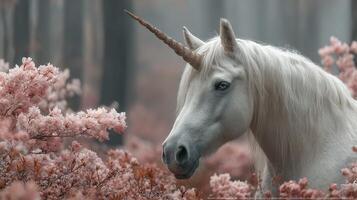 Majestic unicorn standing in a landscape filled with pink blossoms during the misty morning hours in a serene forest photo