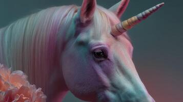 Majestic unicorn with a colorful mane and horn surrounded by soft pink flowers on a vibrant background photo