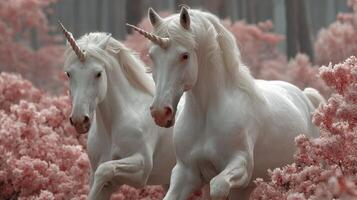 Two unicorns wander through a magical pink forest filled with blooming flowers in early spring photo