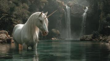 Majestic unicorn stands in serene water near a picturesque waterfall in a tranquil forest setting during late afternoon photo