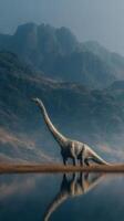 Large dinosaur stands by lakeshore with mountains in the background during early morning fog photo