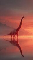 Brachiosaurus standing in shallow water at sunset in a misty prehistoric landscape photo