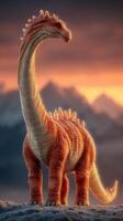 Majestic dinosaur silhouette against a colorful sunset in a mountainous landscape photo
