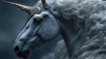 Mystical unicorn surrounded by ethereal clouds in a dark, enchanted forest during twilight photo