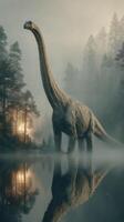 Majestic dinosaur stands near misty river at dawn, surrounded by ancient trees in a tranquil prehistoric landscape photo