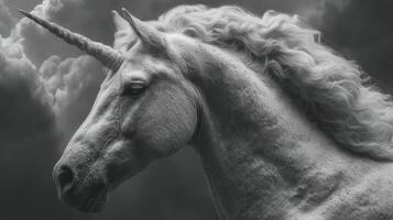 Majestic unicorn with flowing mane in a dramatic black and white landscape photo