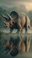 Triceratops stands near a calm lake at sunrise with mist rising in the background photo