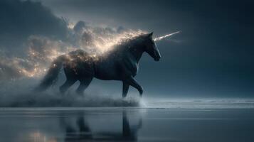 Majestic unicorn galloping through a mystical misty landscape at dusk photo
