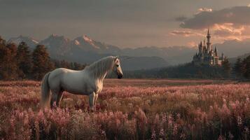 Enchanted unicorn standing in a blooming meadow with mountains and castle at sunset photo