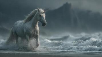 Unicorn galloping through turbulent ocean waves at dusk on a misty beach photo