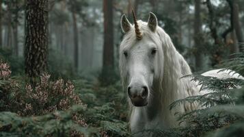 Mystical white unicorn standing in a dense forest surrounded by ferns in soft morning light photo