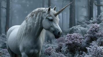 Majestic unicorn standing in a misty forest surrounded by frost-covered vegetation at dawn photo