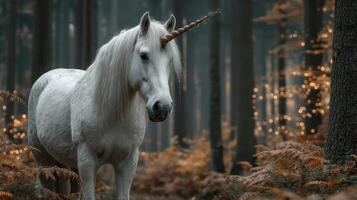 Majestic unicorn standing gracefully in a mystical forest during twilight with soft golden lights illuminating the surroundings photo