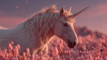Unicorn standing gracefully in a field of pink flowers under a vibrant sunset sky photo