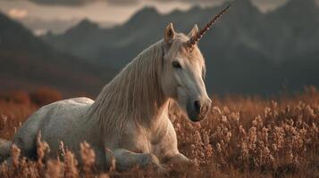 Majestic unicorn rests on golden grassland against a mountain backdrop during sunset in a tranquil environment photo