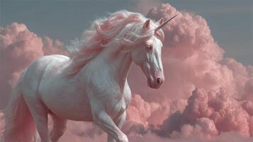 Magical unicorn running through whimsical clouds at sunset, creating a dreamy atmosphere filled with enchantment and wonder photo