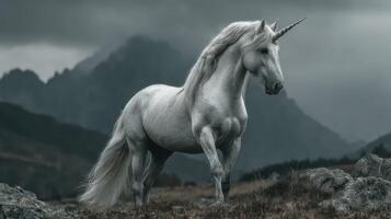 Majestic unicorn standing on rocky terrain with dark mountains in the background during an overcast day photo