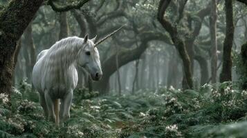 Majestic unicorn in a mystical forest surrounded by ferns and ancient trees during twilight photo