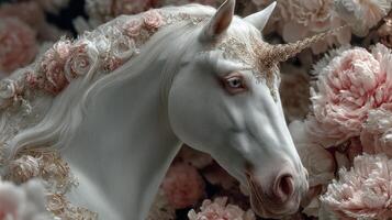 Elegant white unicorn adorned with flowers in a dreamy floral setting during daylight photo