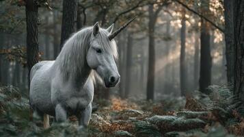 Majestic unicorn standing in an enchanted forest illuminated by soft sunlight filtering through the trees photo