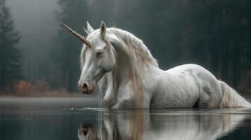 Majestic unicorn wades through tranquil lake surrounded by misty forest at dawn in this serene fantasy landscape photo
