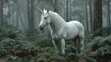 Majestic unicorn standing among ferns in an enchanting forest during early morning mist photo