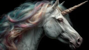 Magical unicorn with colorful mane and shiny horn against a dark backdrop showcasing its enchanting features photo
