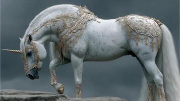 Majestic unicorn adorned in ornate silver armor standing gracefully on a rocky terrain under a dramatic overcast sky photo