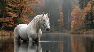 Majestic unicorn standing in tranquil water among autumn trees in a serene forest setting photo