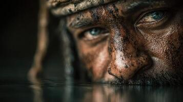 Warrior emerging from water with intense gaze, showcasing resilience and strength in a natural setting photo