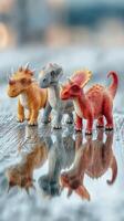 Colorful dinosaur toys arranged on a reflective surface during bright daylight outdoors photo