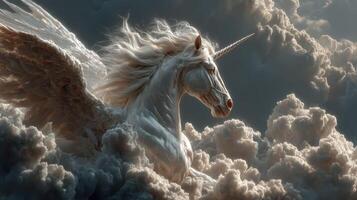 Majestic winged unicorn soaring through clouds under dramatic sky at dawn photo