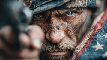 Civil War soldier aiming a firearm with determination on a battle-scarred face during a dramatic encounter photo