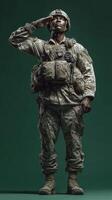 Soldier in camouflage uniform saluting with pride against a green backdrop during military training photo