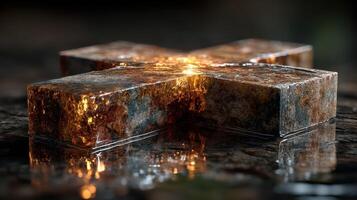 Unique cross design made of textured rock with reflective surface in a dimly lit environment showcasing natural light effects photo