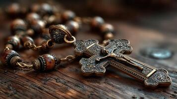 Elegant rosary with ornate cross resting on rustic wooden surface in soft light photo